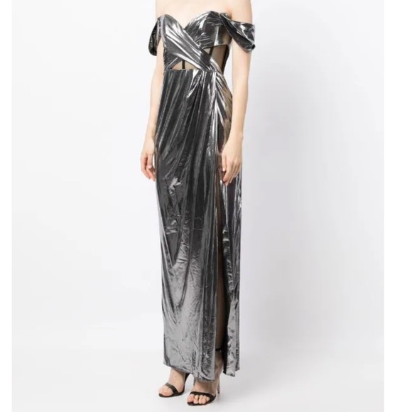 Marchesa Notte Off-Shoulder Gown in Gunmetal Silver - Picture 5 of 10